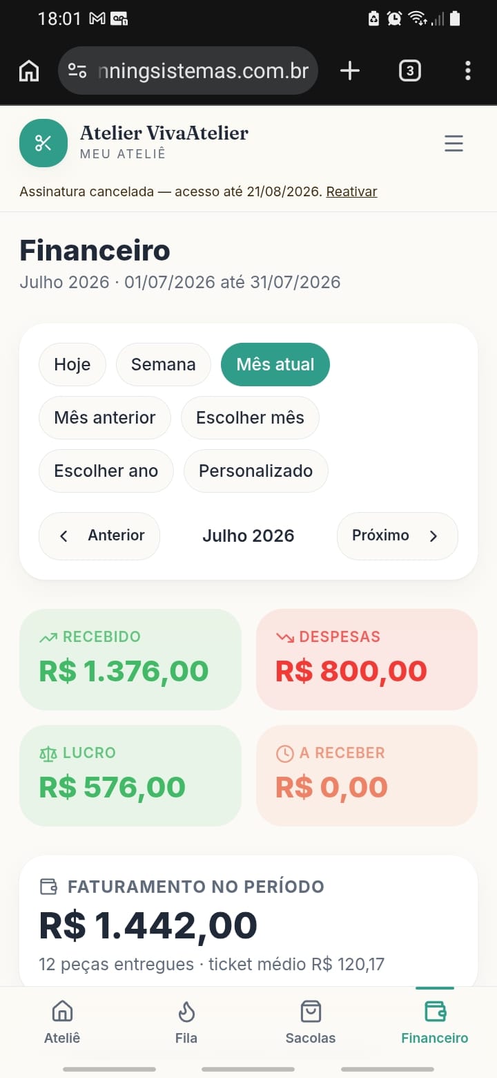 Tela financeira com recebido, despesas, lucro e a receber