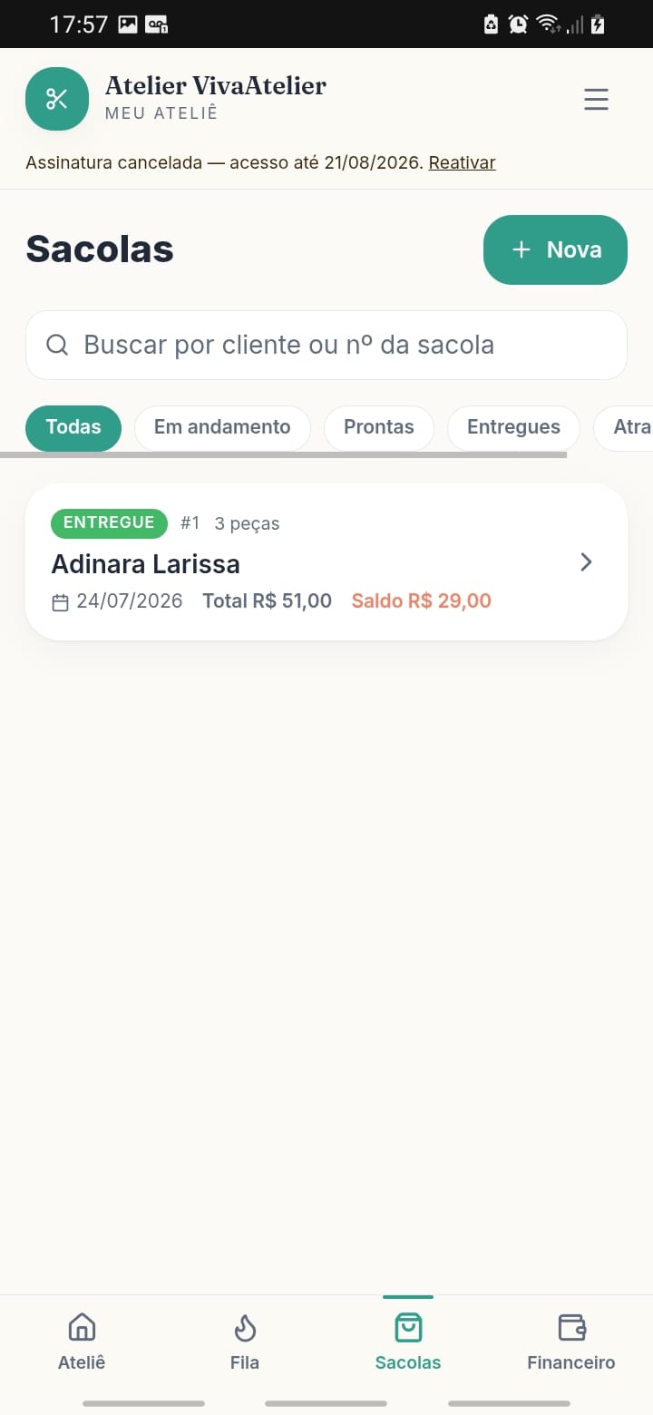 Lista de sacolas de clientes organizadas por status no VivaAtelier